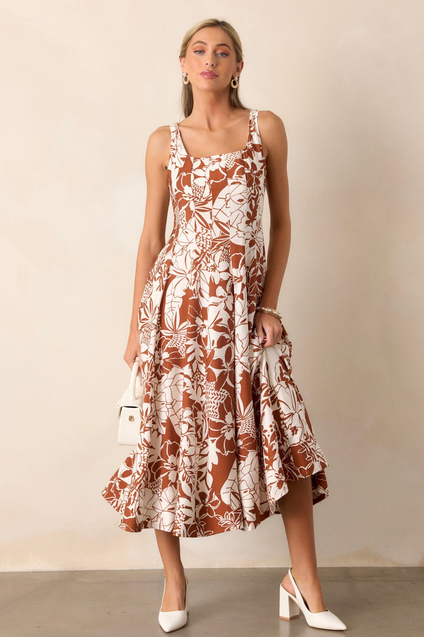 Caramel Floral Midi Dress - All Dresses | Red Dress