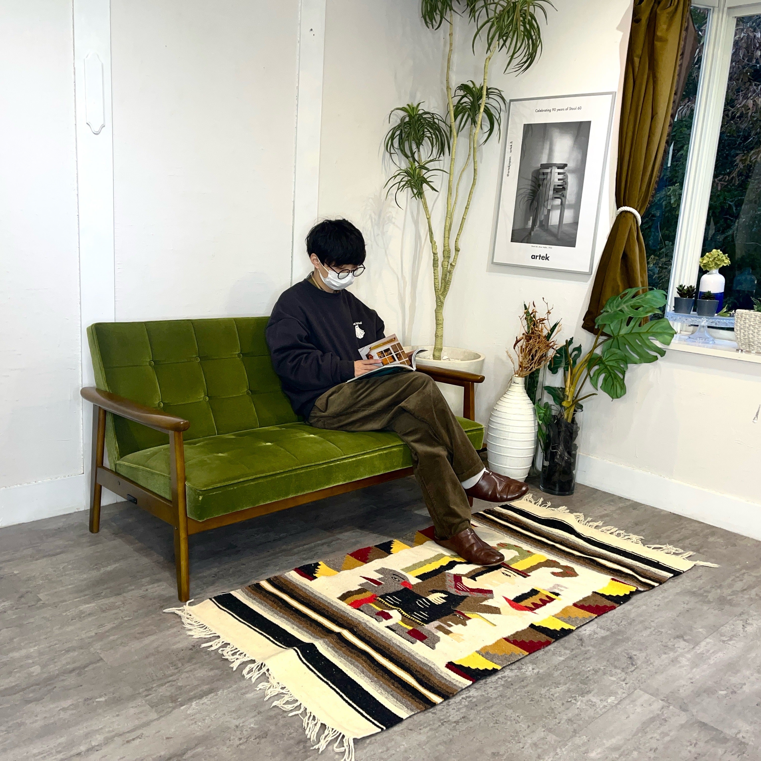 カリモク60 Kチェア 2シーターソファ モケットグリーン 中古 緑 レトロ