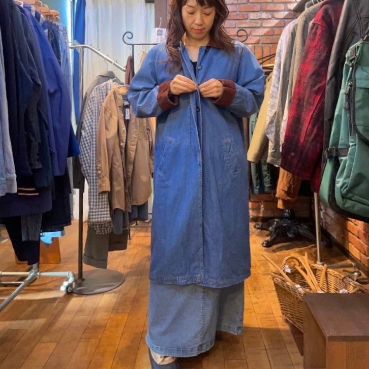 古着】 コーデュロイ切り替え 比翼仕立て デニムコート ロングコート