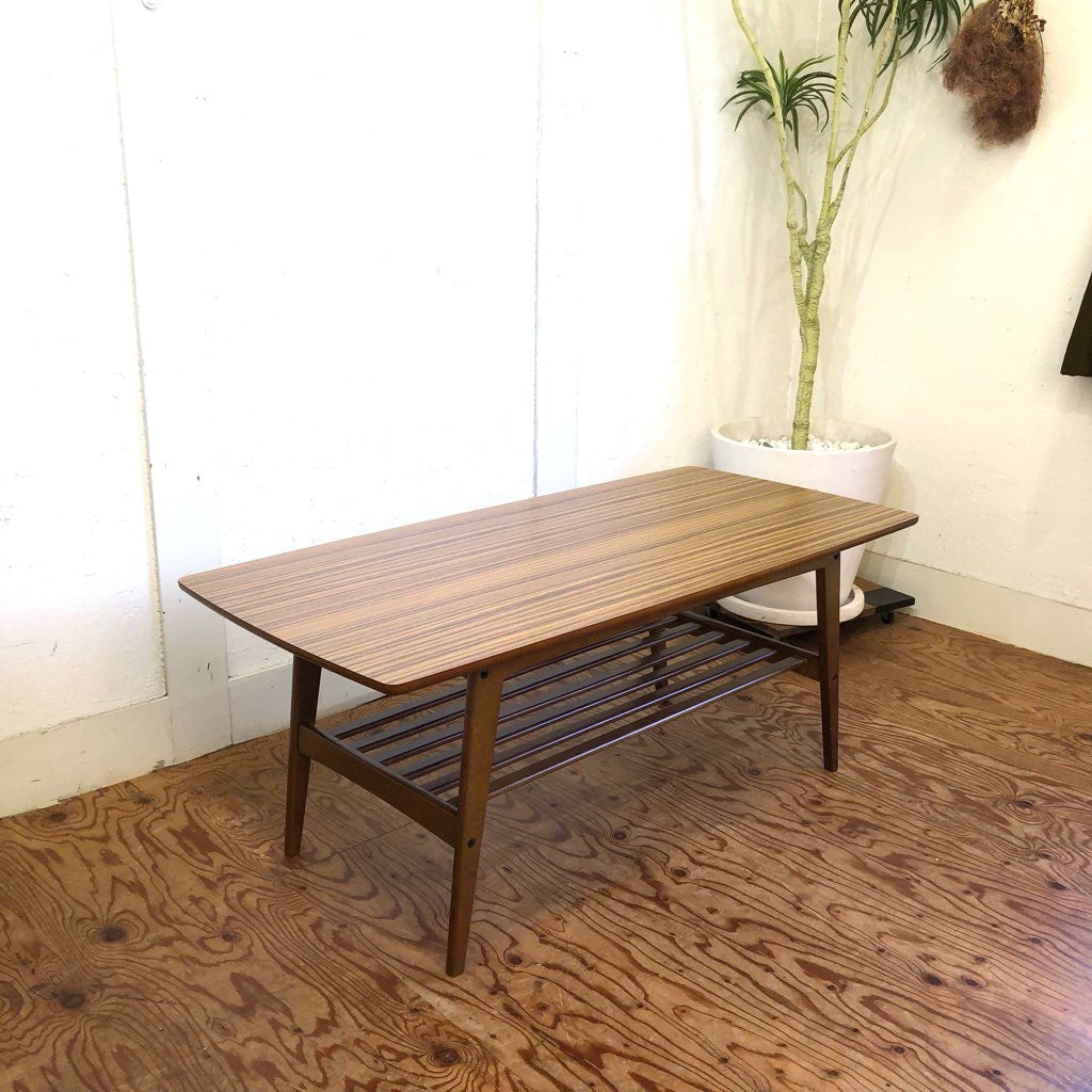 カリモク60 リビングテーブル 大 中古 レトロ 木 棚付き