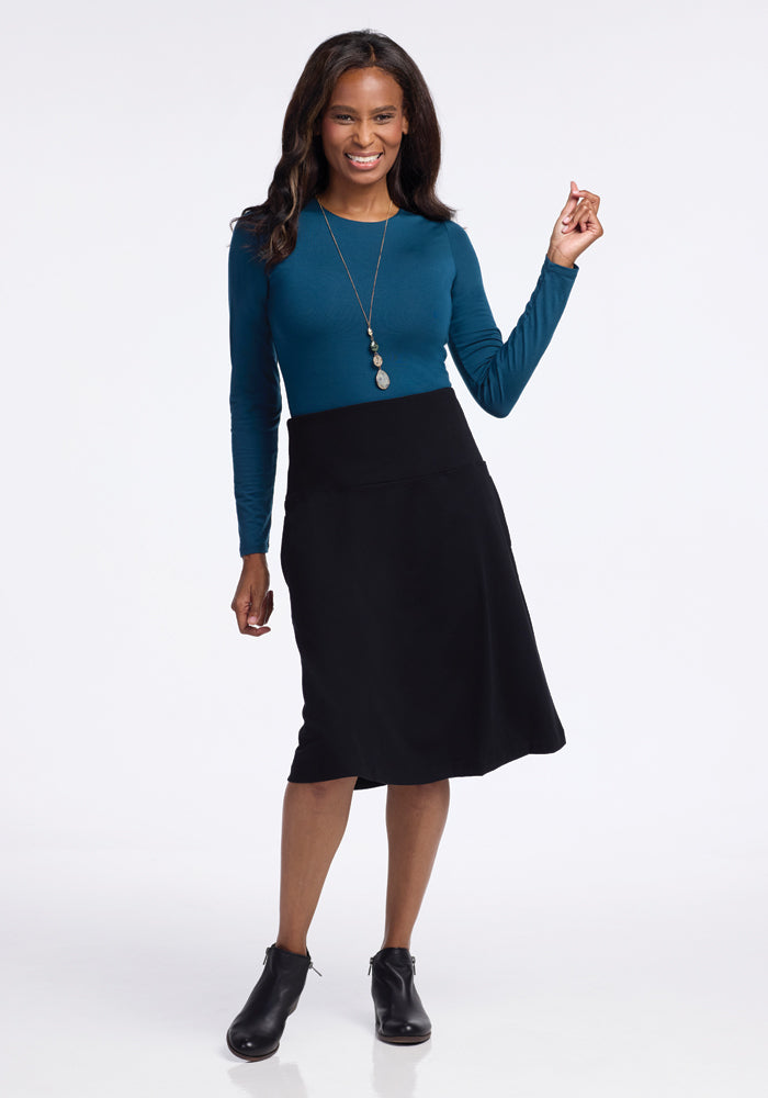 Marilyn Merino Wool Black Midi Skirt - A-Line Skirt with Pockets