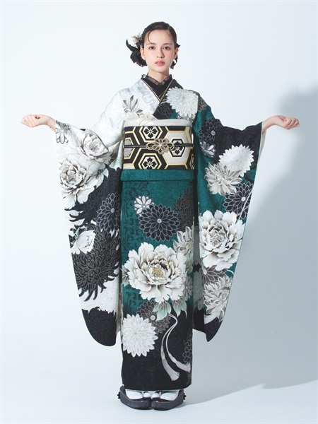 F5707 エメラルドグリーン色×音楽柄の正絹振袖単品【和風館ICHI】