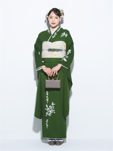 振袖レンタルセット レース刺繍(緑)【和風館ICHI】