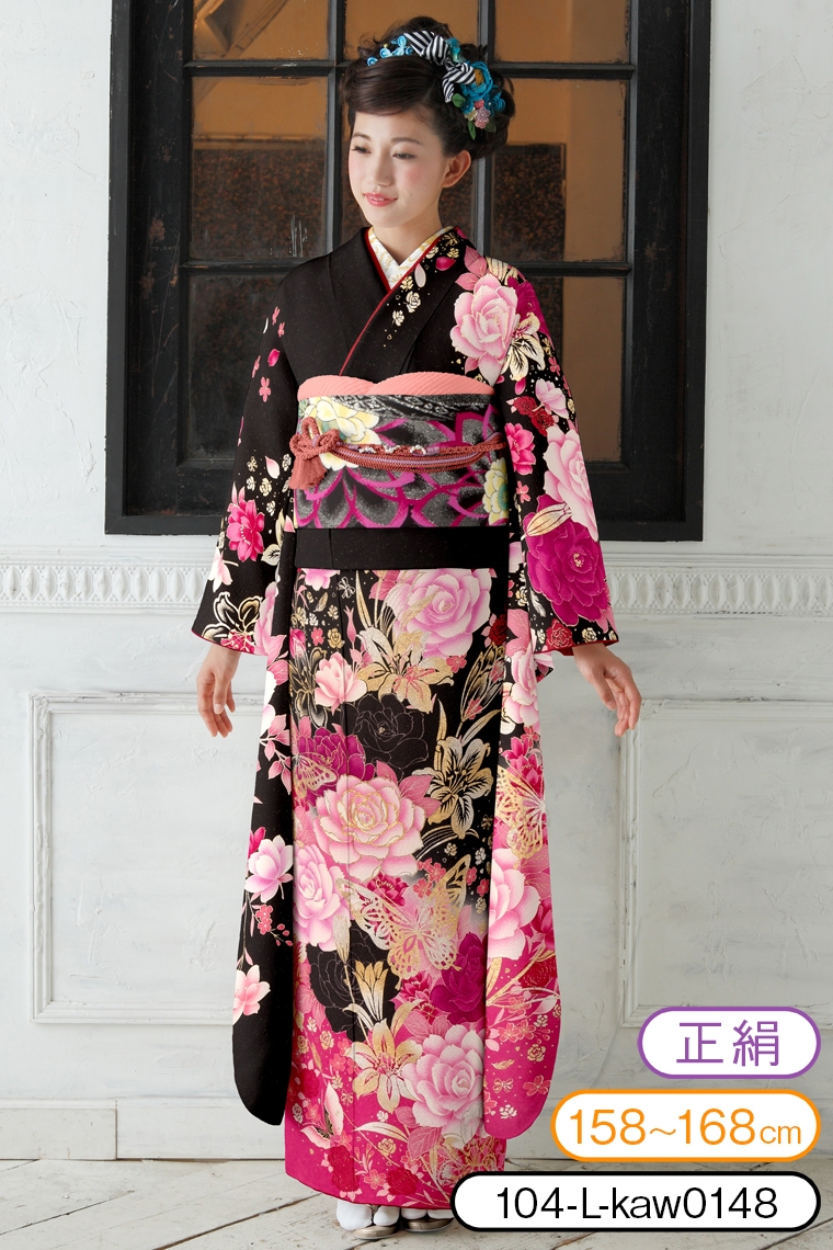 振袖レンタル 振袖Lサイズ 蝶々に薔薇 黒/ピンク｜着物レンタル 安心