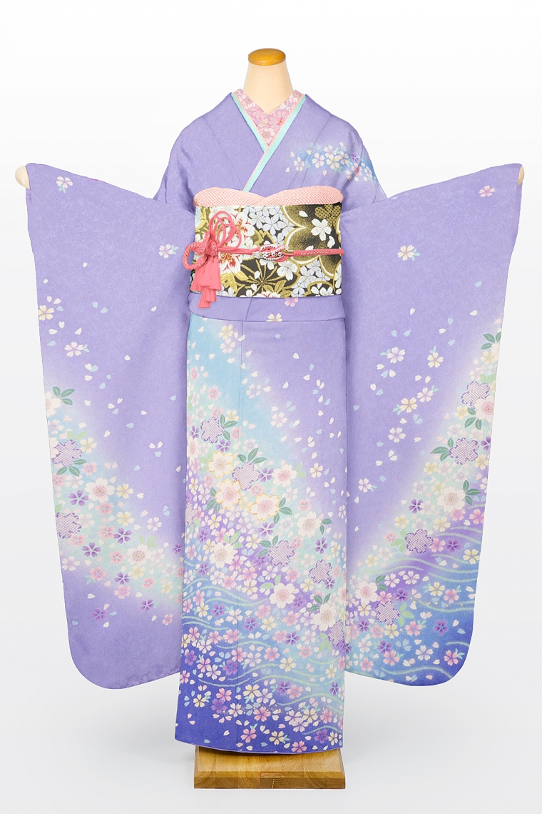 振袖レンタル 振袖Sサイズ 十日町友禅 おぼろ染め：波に桜 藤紫｜着物