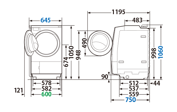 寸法・仕様 | TW-127XH1L | 洗濯機・洗濯乾燥機 | 東芝ライフスタイル
