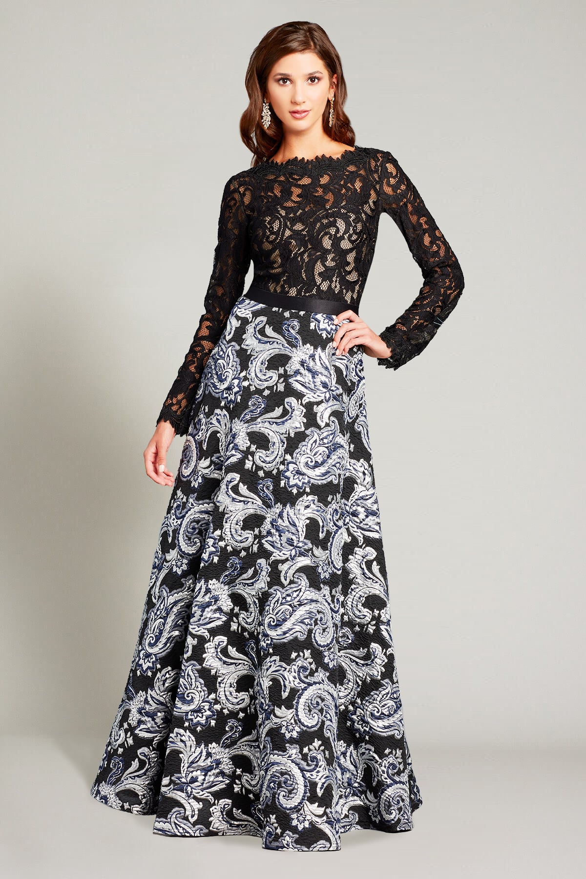 Darin Lace & Paisley-Motif Jacquard Gown | Tadashi Shoji