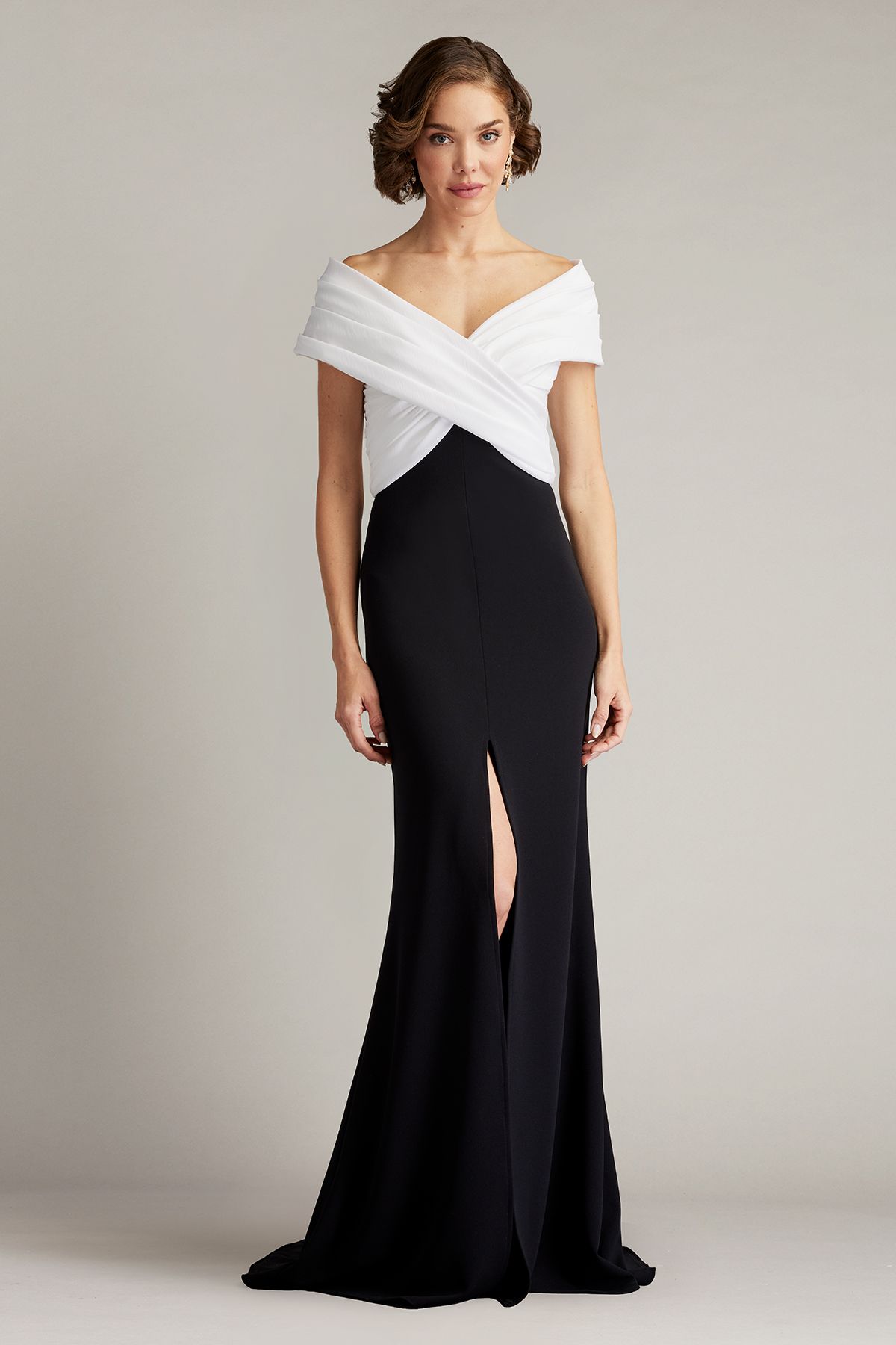 Benz Pleated Portrait Collar Gown IV/BK | Tadashi Shoji