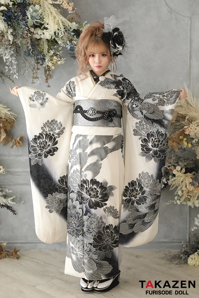 モード 白/黒/シルバー(銀色) 牡丹柄 花魁風 渋い かっこいい系振袖