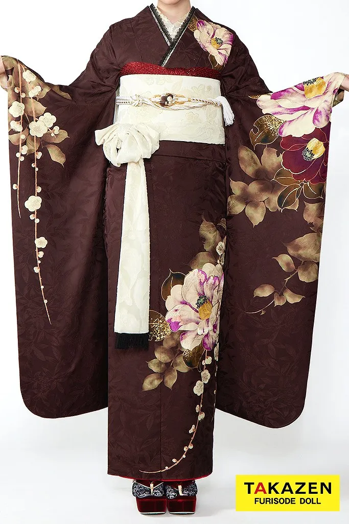 レトロ ブラウン（茶）ツバキ柄/ワンポイント柄 シック振袖 大人っぽい