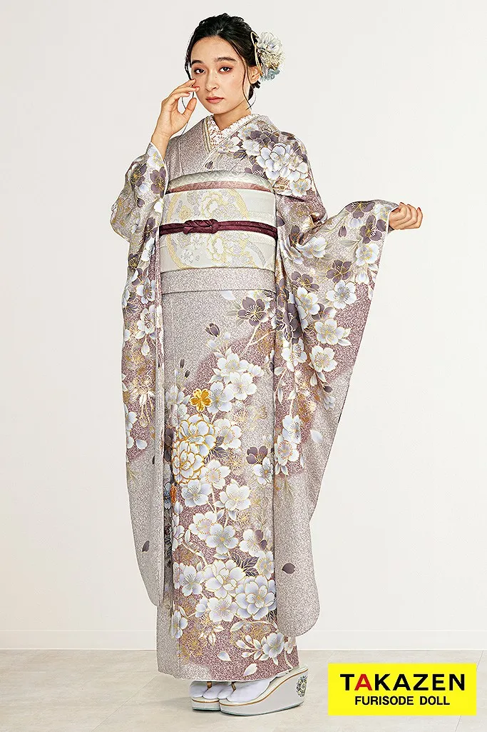 正統派古典 くすみ色/薄紫 桜柄 大人っぽい くすみカラー振袖 低身長