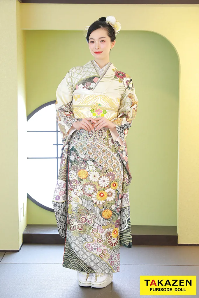 最高級古典柄振袖 関芳/最高級金彩刺繍絞り友禅 白/ボルドー 藤/桜/菊