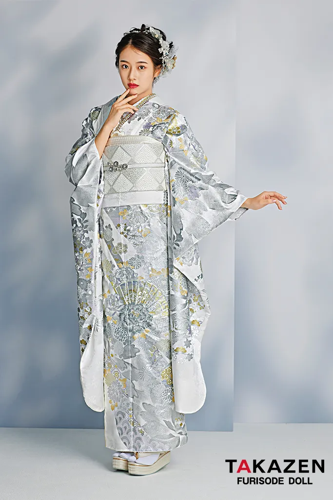 最高級古典柄振袖 関芳/最高級金彩刺繍友禅 白/シルバー 扇面 キラキラ