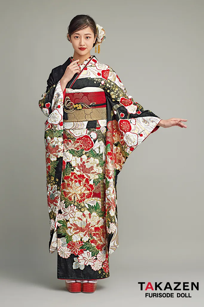 最高級古典柄振袖 滝泰/最高級金彩刺繍絞り友禅 黒/白/赤 牡丹柄