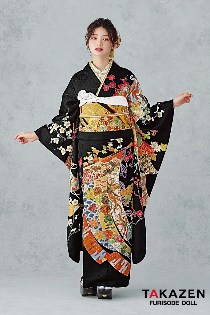 最高級古典柄振袖 千總/最高級金彩刺繍手描京友禅 黒/金 几帳柄/鳳凰柄