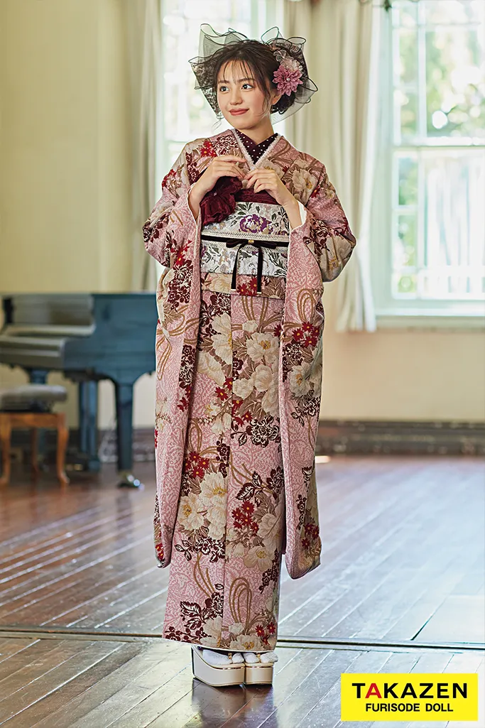 上品なくすみピンクの椿の柄の振袖フルセット くすみ系ピンクの上品な