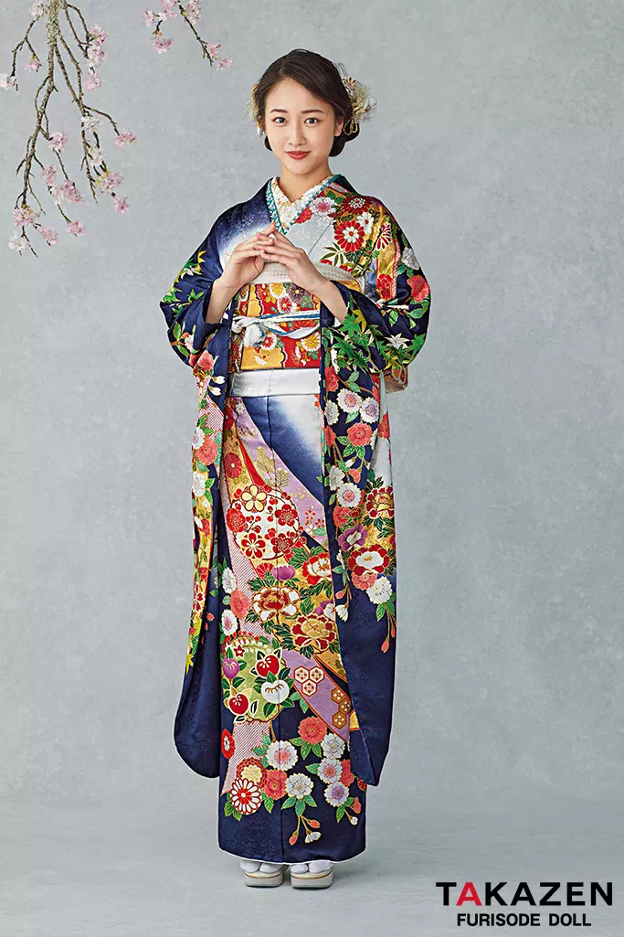 最高級古典柄振袖 吉澤織物/文楽/人間国宝吉田簑助 紺色/ネイビー/白