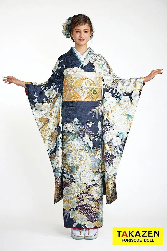 正統派古典 紺色(ネイビー)/金 牡丹柄 豪華 きれいめ 華やか 清楚 大人