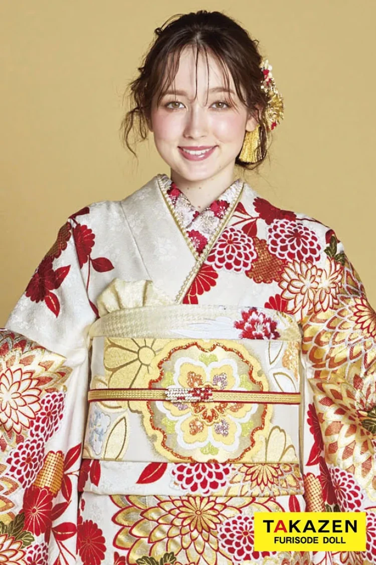 最高級古典柄振袖 滝泰/最高級金彩刺繍絞り友禅 白/金/赤 菊柄 上品な