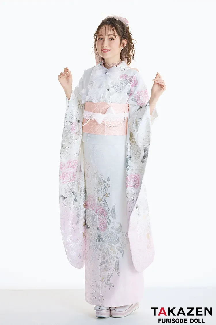 ヘップバーンローズ 白/ピンク バラ柄/リボン柄 かわいい振袖 透明感