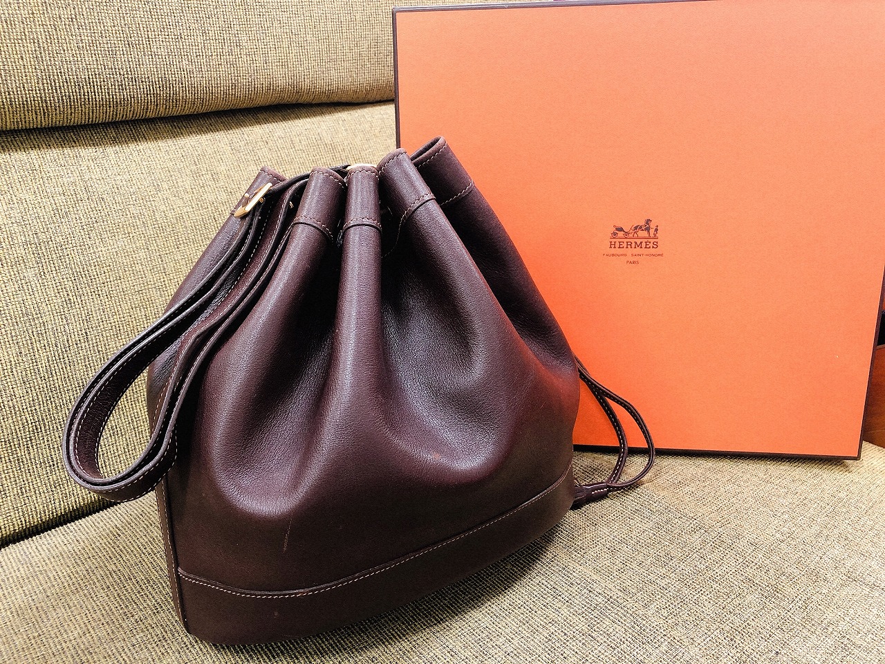 H】HERMES エルメス 巾着袋 大きめバッグ用 55×61 ヘンリボーン H