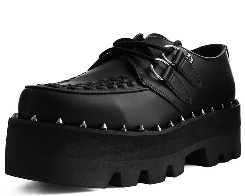 Black Faux Leather Dino Lug Sole Platform Creepers