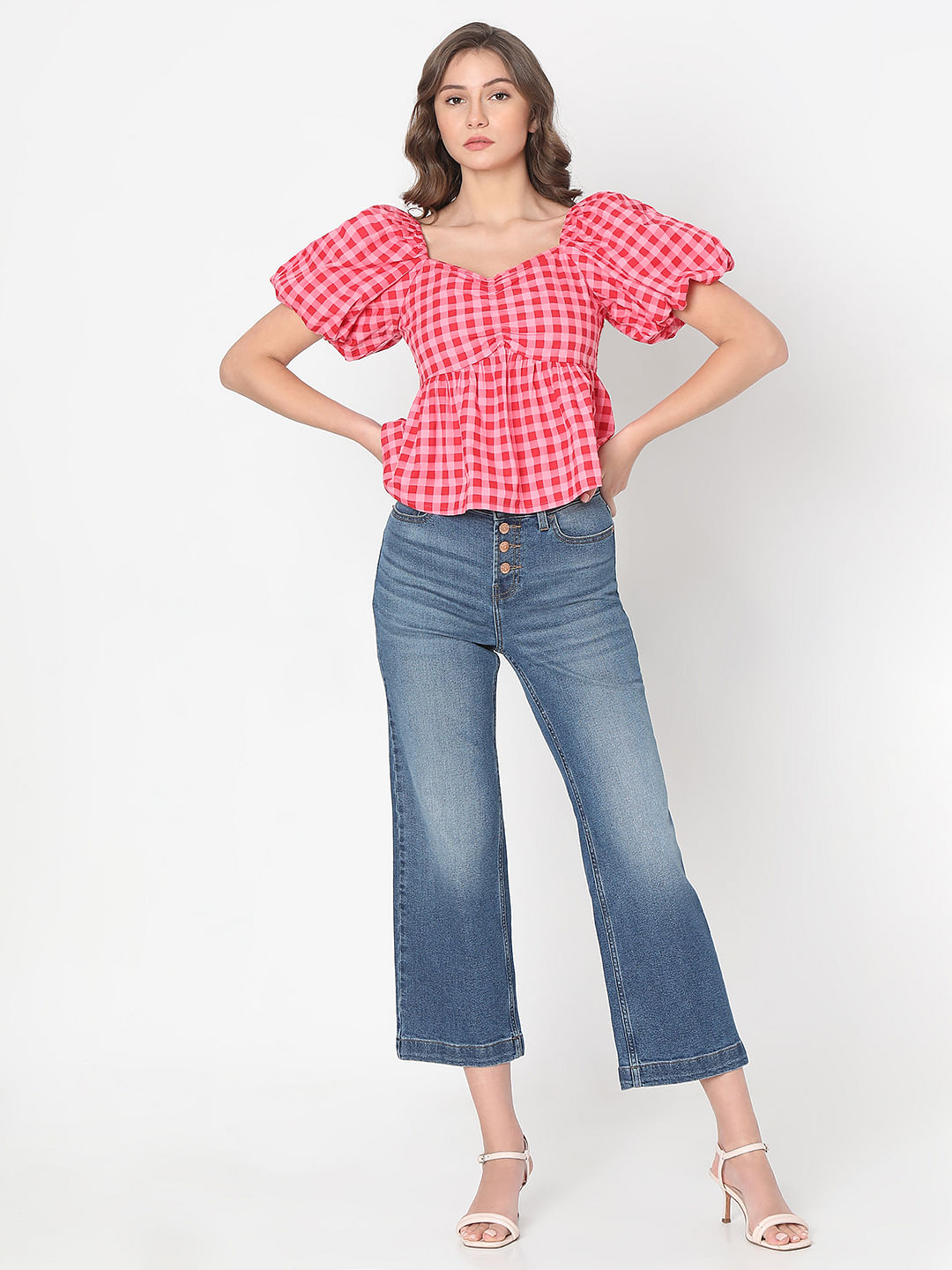 Pink Check Peplum Top
