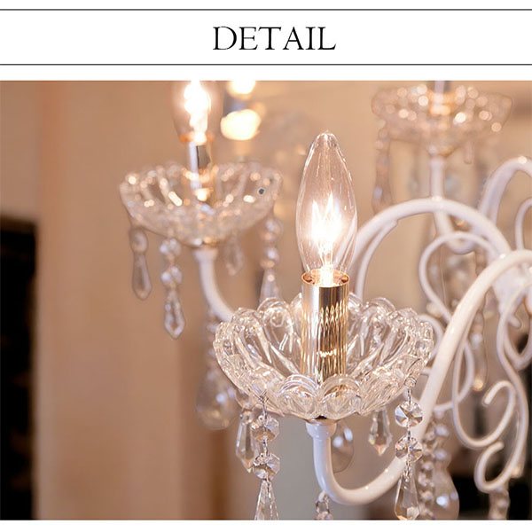 ガラス製 ホワイト シャンデリア 6灯 クリスタル ビーズ 装飾 ガラス製