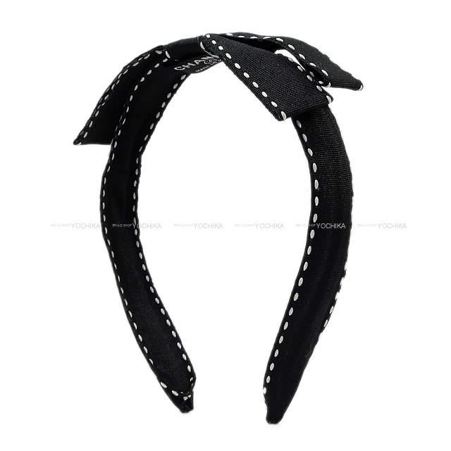 CHANEL シャネル ステッチ リボン カチューシャ ヘッドバンド 黒X白
