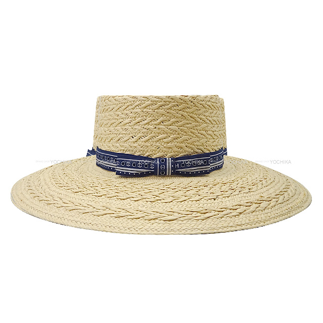 HERMES エルメス ストローハット 麦わら帽子 バンダナ ブルーマリン 藁