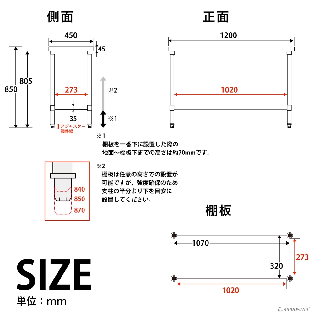 ステンレス作業台 板厚1.2mmモデル 1200×450×850 業務用