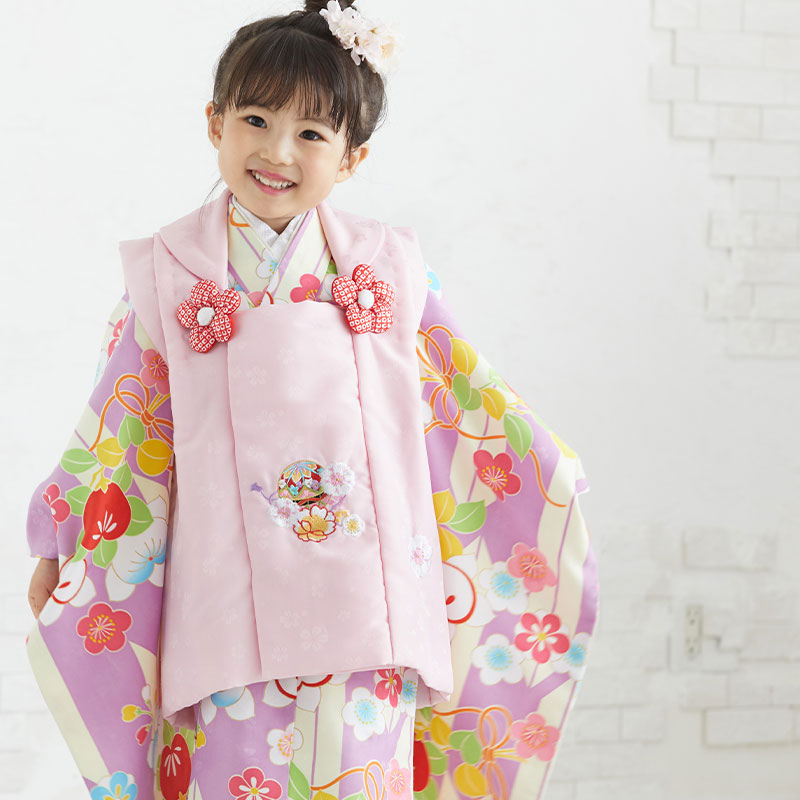 七五三被布 : K047 【三歳女児被布】ピンク×紫 矢羽根に橘梅 | 七五三