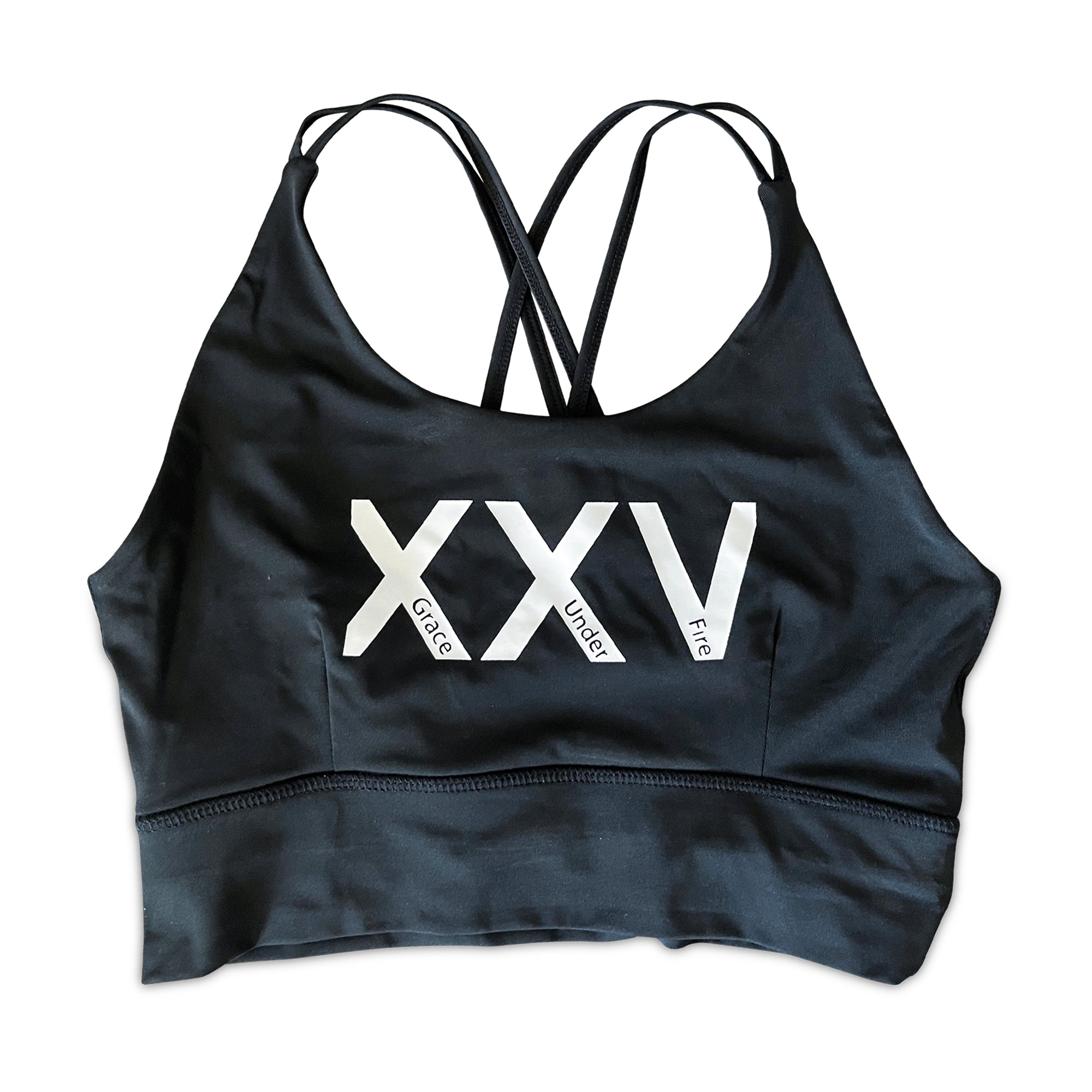 BLK XXV CRISS-CROSS SPORTS BRA – XXV GRACE UNDER FIRE