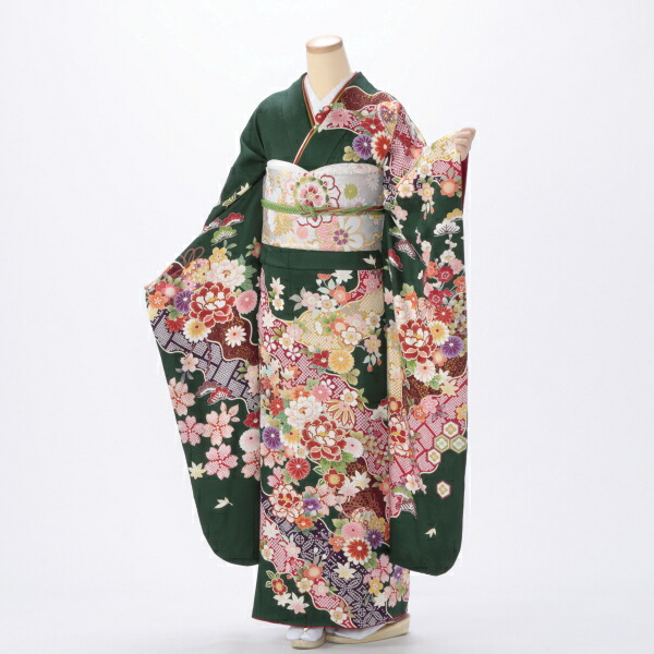 f0319133r2】【グリーン系】振袖 レンタル フルセット Lサイズ 【状態