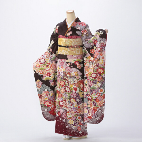 f0521428r】【茶系】振袖 レンタル フルセット LLサイズ 【中古