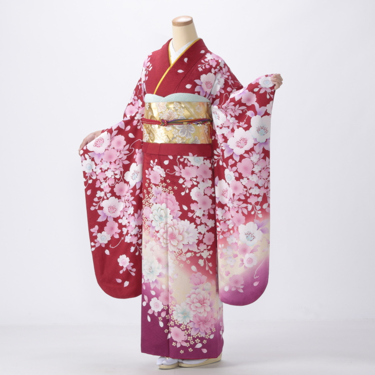 f8024044】【赤・ワイン系】振袖 販売 フルセット Sサイズ 【新品