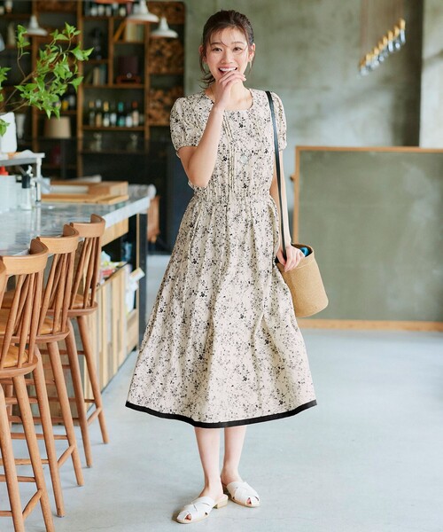 Tiaclasse ワンピース 「袖が選べる・洗える」配色モノクロ花柄