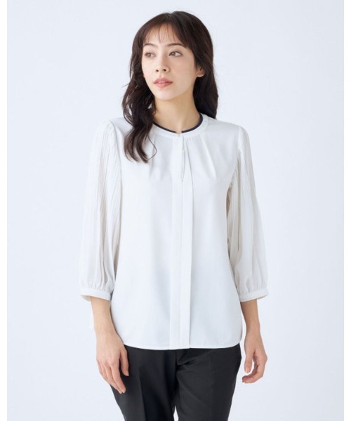 SUIT SELECT ブラウス シャツ 「7分丈」配色切り替えバンドカラープル