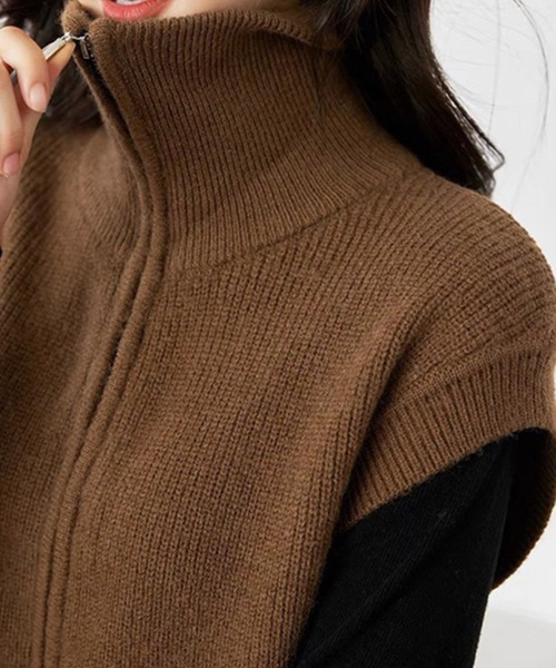 LOWO ベスト ジレ ダブルジップ ハイネック ニット ベスト トップス