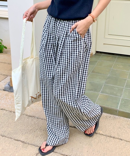 パンツ ギンガムチェックワイドイージーパンツ レディース : ZOZOTOWN