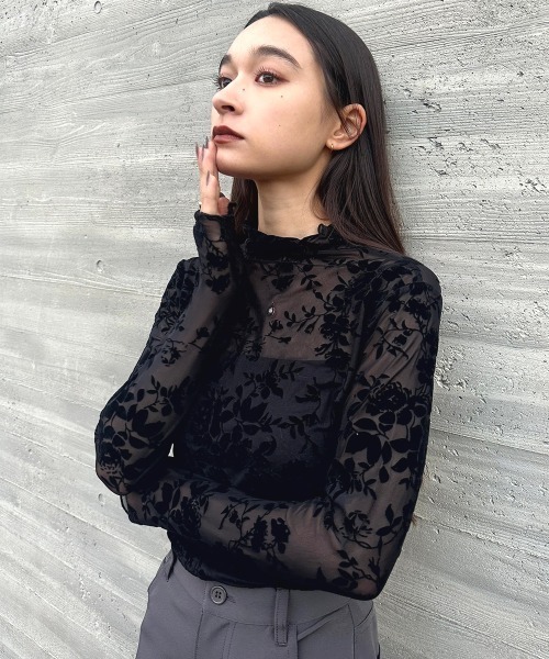 SEN TOKYO tシャツ 花柄 ハイネック シアー プルオーバー レディース