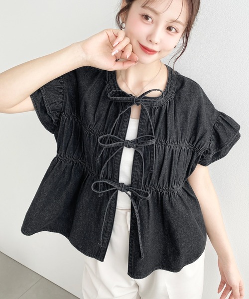 moment+ ブラウス シャツ ライトオンスデニム2WAYシャーリングリボン