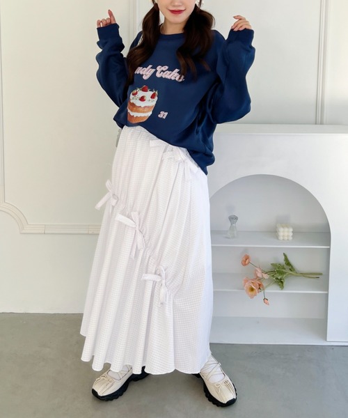 Loueme スカート メニーリボンギンガムチェックギャザーフレアスカート