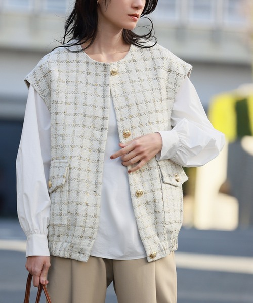 ELFRANK ベスト ジレ 金ボタンツイードクルーネックベスト レディース