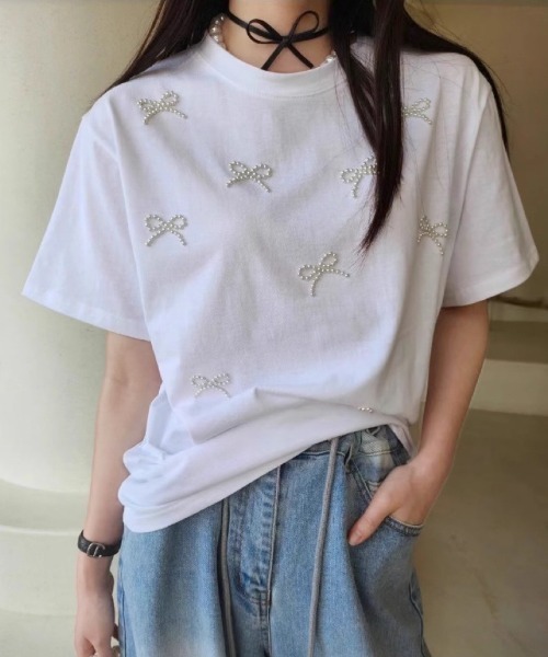 DIAVEL tシャツ 綿100 パールリボントップス レディース : ZOZOTOWN