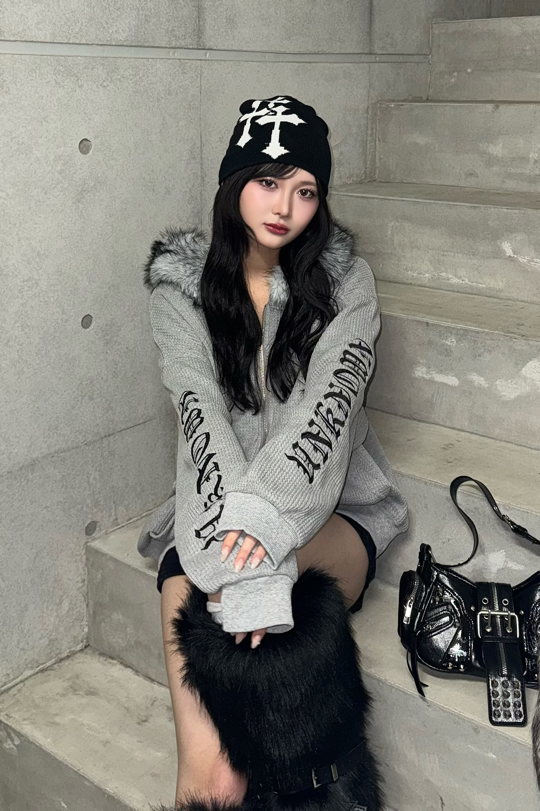Ash fur waffle hoodie ZC30081