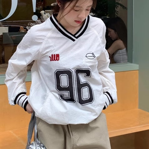 ナイロン トレーナー レディース Vネック ベースボールシャツ 韓国