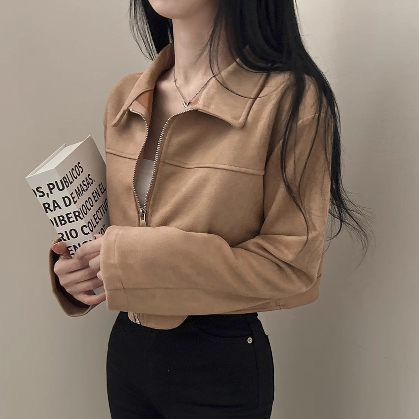 スウェード クロップド ブルゾン レディース 韓国 ファッション ジップ