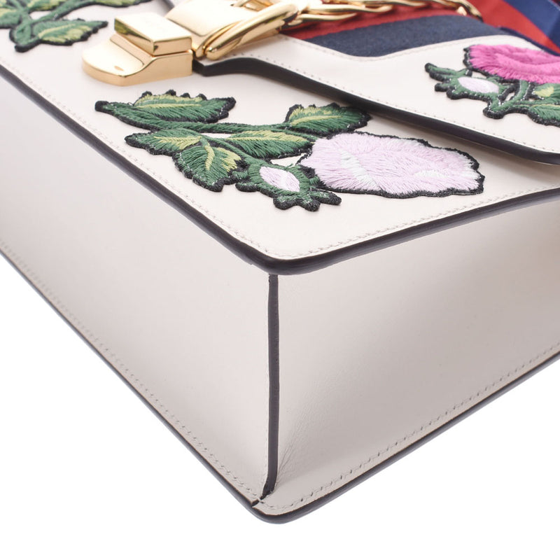 グッチシルヴィ 花柄刺繍 白×緑/赤 ゴールド金具 レディース 2WAY