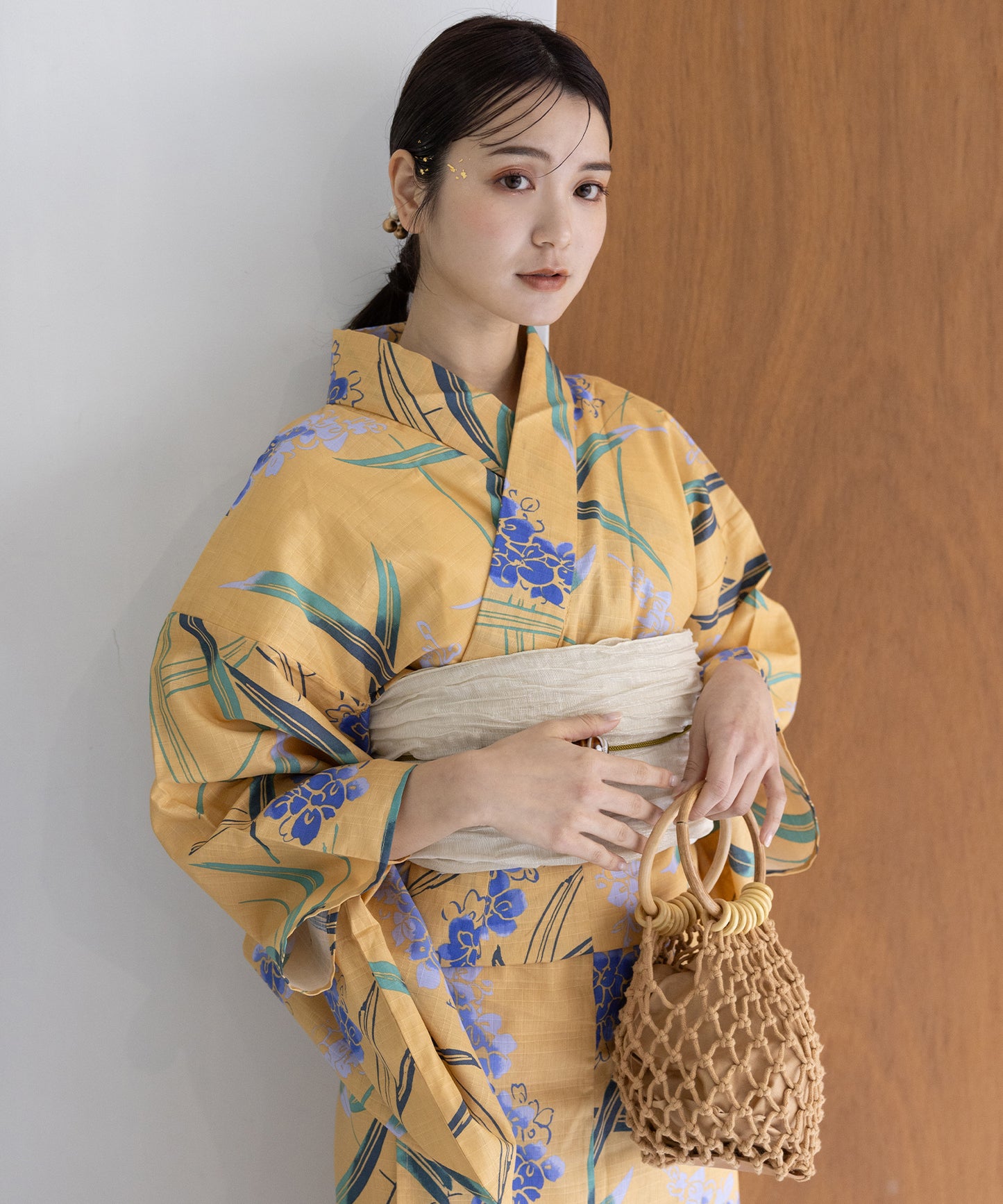 ふりふ 夏 浴衣 着物 花柄 麻の葉 黄色 (浴衣＋帯＋帯締め3点セット